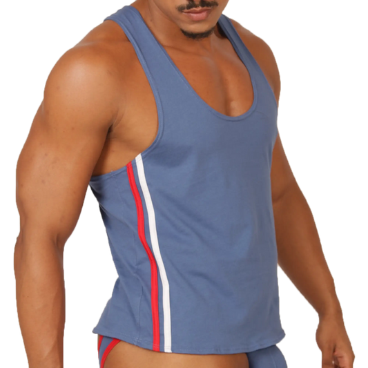 Gigo Garoto blue athletic tank top with red and white vertical stripes along the side for sports and workouts