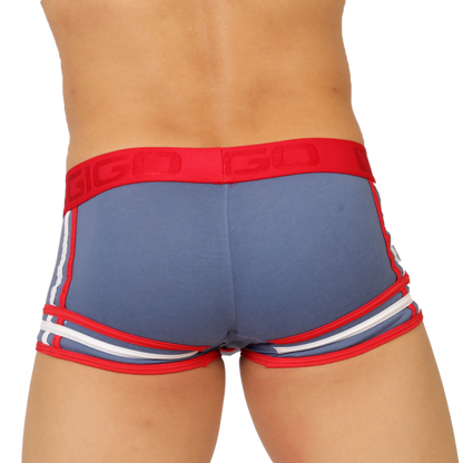 Blue athletic briefs with red and white striped trim and a bold red waistband embossed with gigo garoto brand name
