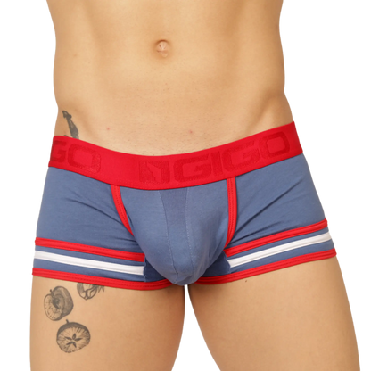 Blue and red striped boxer briefs with a bold red waistband featuring gigi branding from gigo garoto blue trunk collection