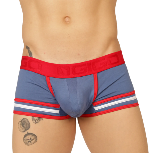 Blue and red striped boxer briefs with a bold red waistband featuring gigi branding from gigo garoto blue trunk collection