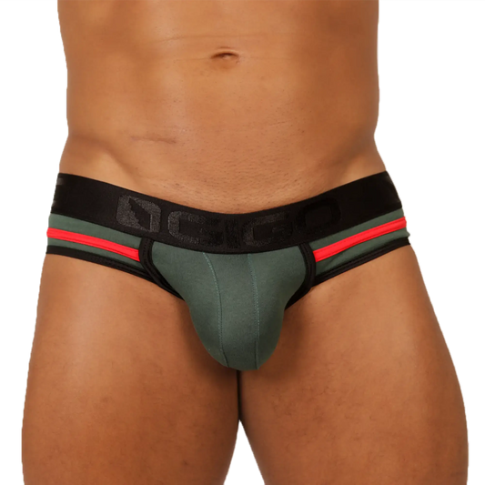 Olive green and black gigo garoto green brief athletic briefs with red accent stripes for active wear