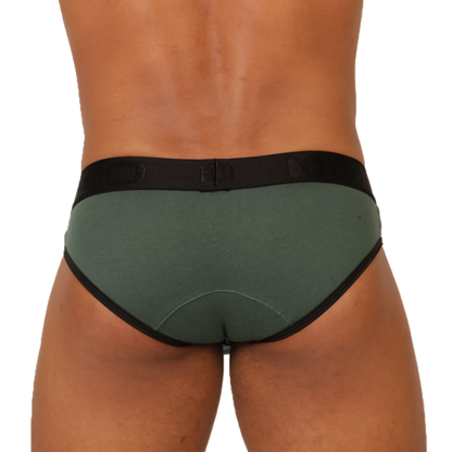 Dark green gigo garoto brief with black trim and matching elastic waistband for comfortable everyday wear