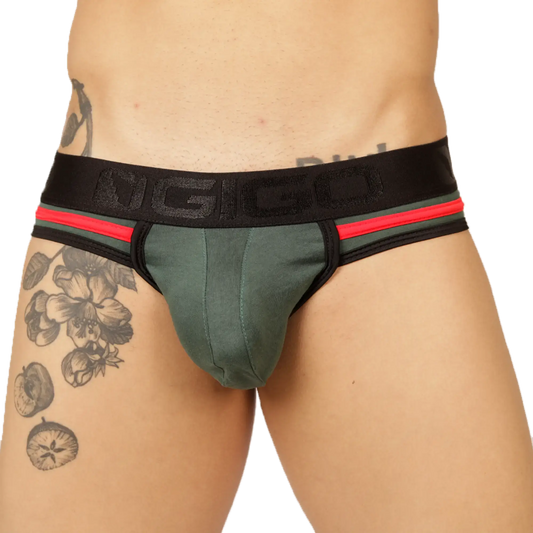 Green form-fitting brief jock with black and red striped waistband and gigo branding by gigo garoto