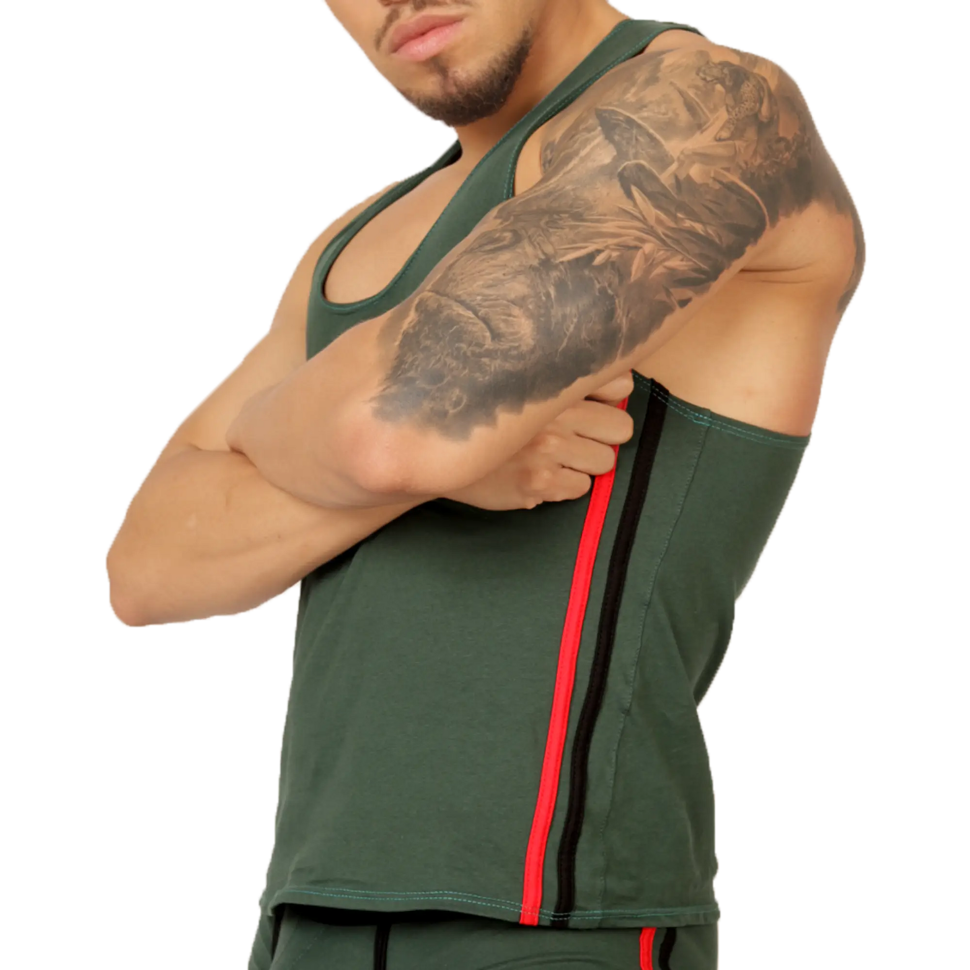 Gigo Garoto green tank athletic tank top with dark green fabric and bold red and black vertical side stripes