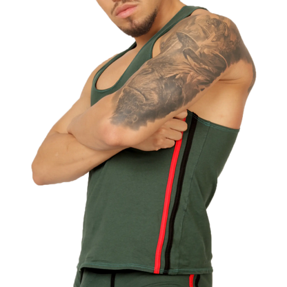 Gigo Garoto green tank athletic tank top with dark green fabric and bold red and black vertical side stripes