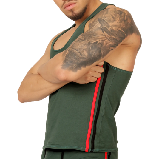 Gigo Garoto green tank athletic tank top with dark green fabric and bold red and black vertical side stripes