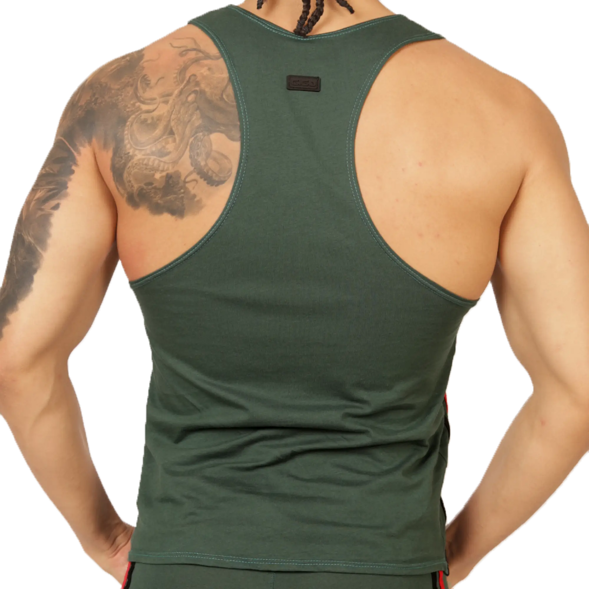 Dark green racerback tank top with a small black brand tag at the neckline from gigo garoto green tank collection