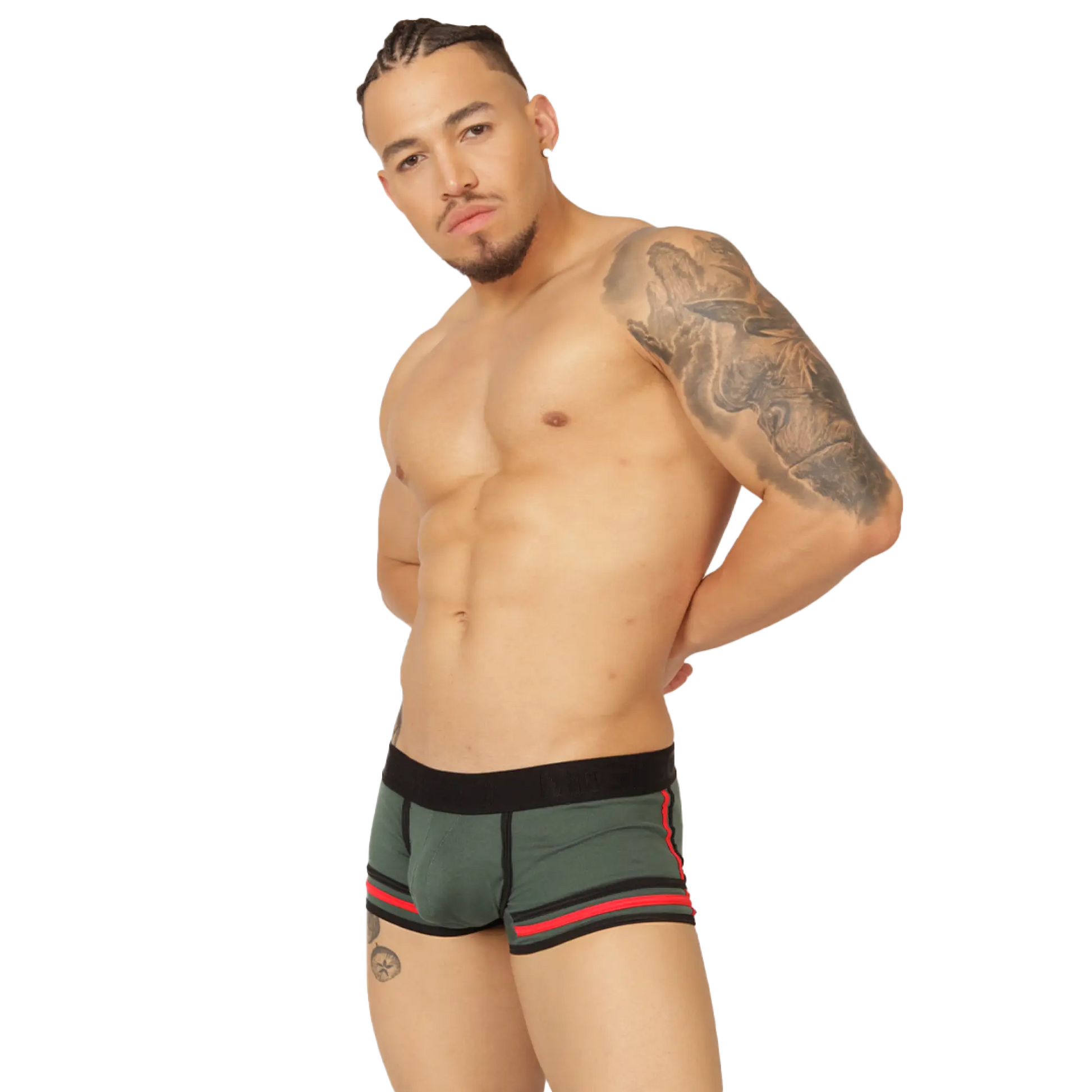 Dark green gigo garoto athletic briefs with black waistband and red trim accents for activewear use