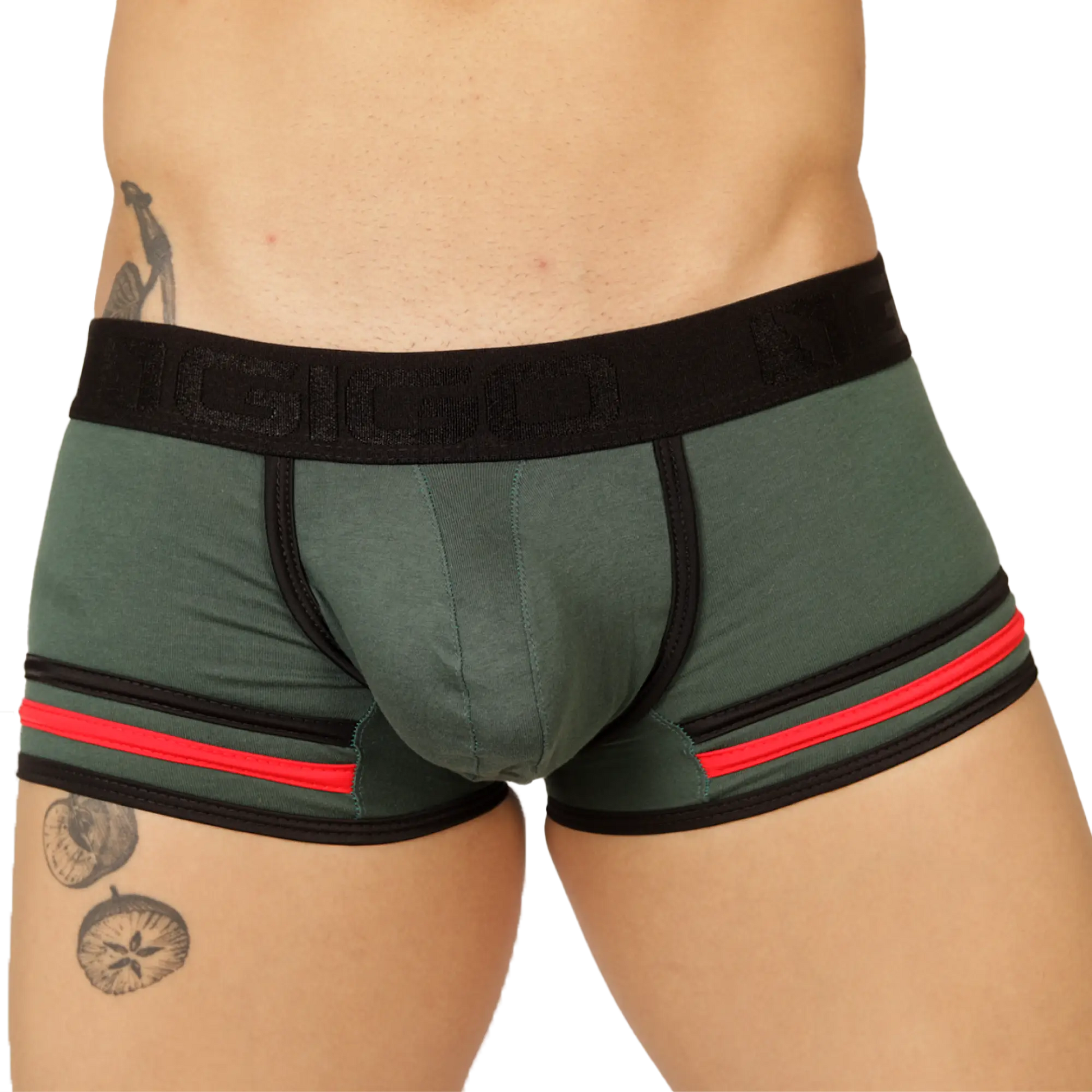 Dark green gigo garoto green trunk boxer briefs with black trim red leg stripes and elastic waistband branding