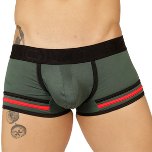 Dark green gigo garoto green trunk boxer briefs with black trim red leg stripes and elastic waistband branding