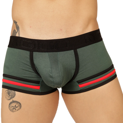 Dark green gigo garoto green trunk boxer briefs with black trim red leg stripes and elastic waistband branding