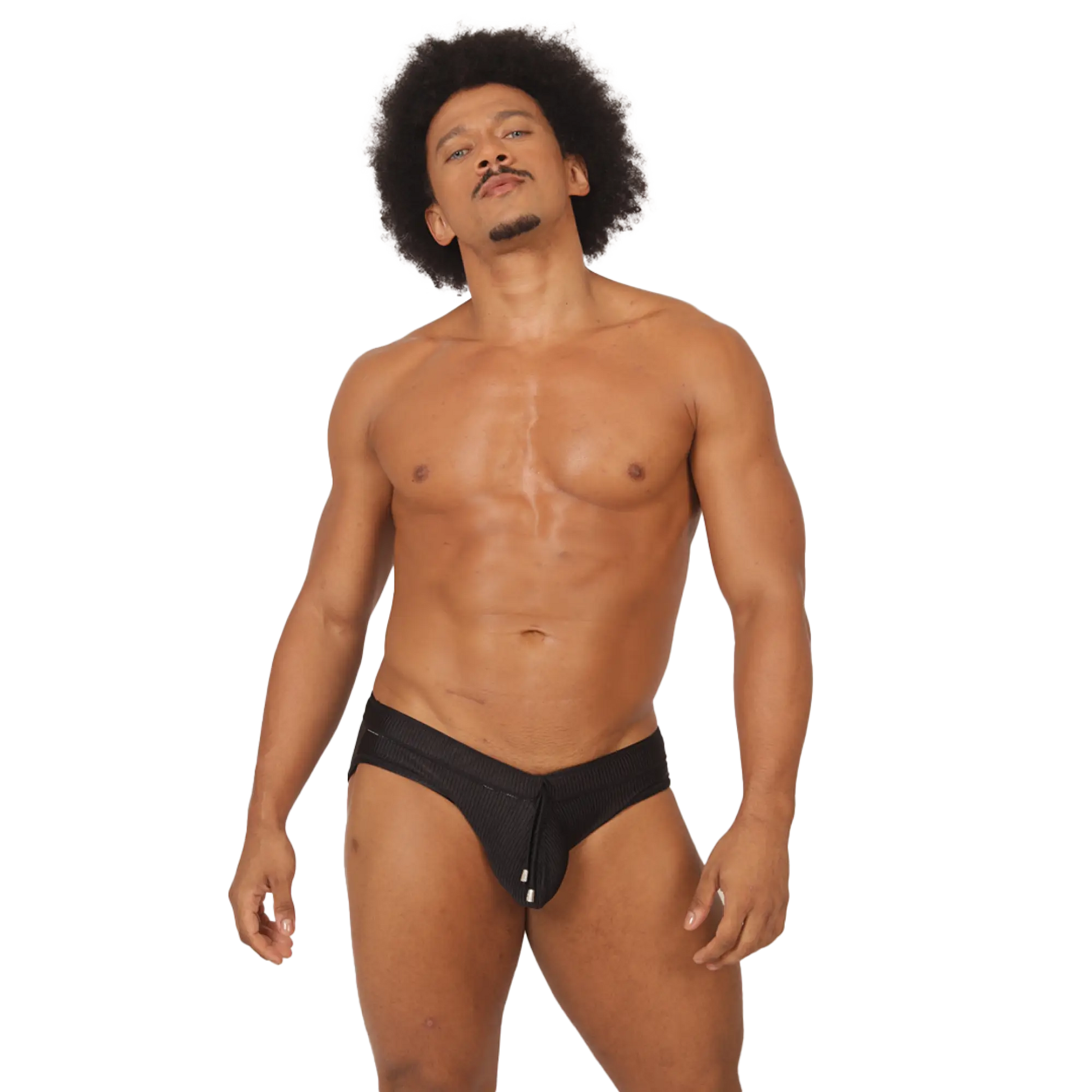 Black athletic swimbrief with central zipper closure designed for active wear in gigo glow style