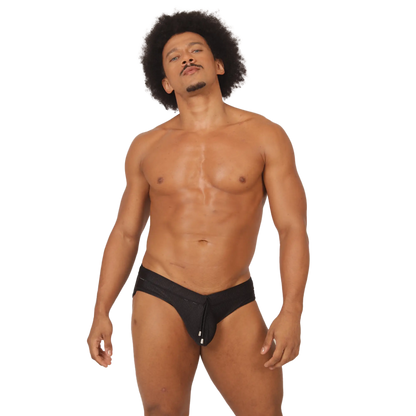Black athletic swimbrief with central zipper closure designed for active wear in gigo glow style