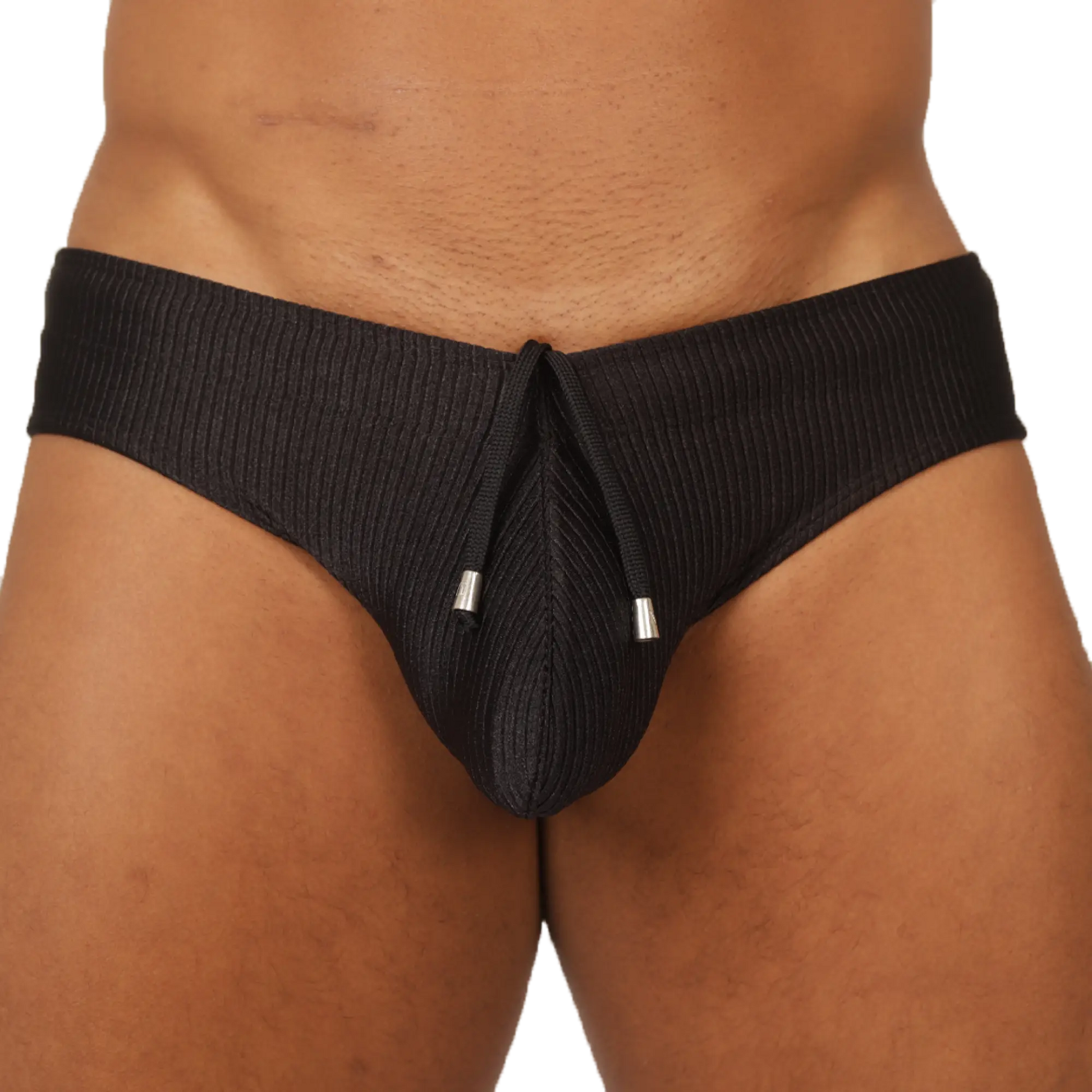 Black ribbed gigo glow swimbrief for men featuring drawstring closure with silver-toned aglets