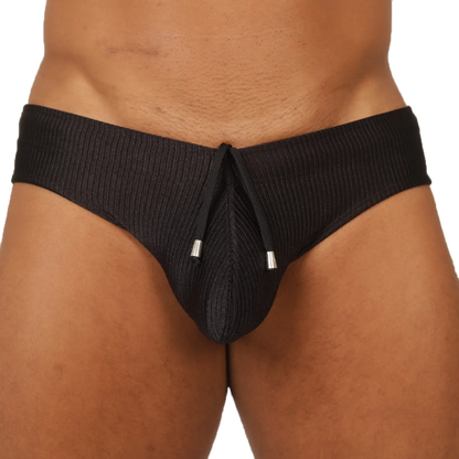 Black ribbed gigo glow swimbrief for men featuring drawstring closure with silver-toned aglets
