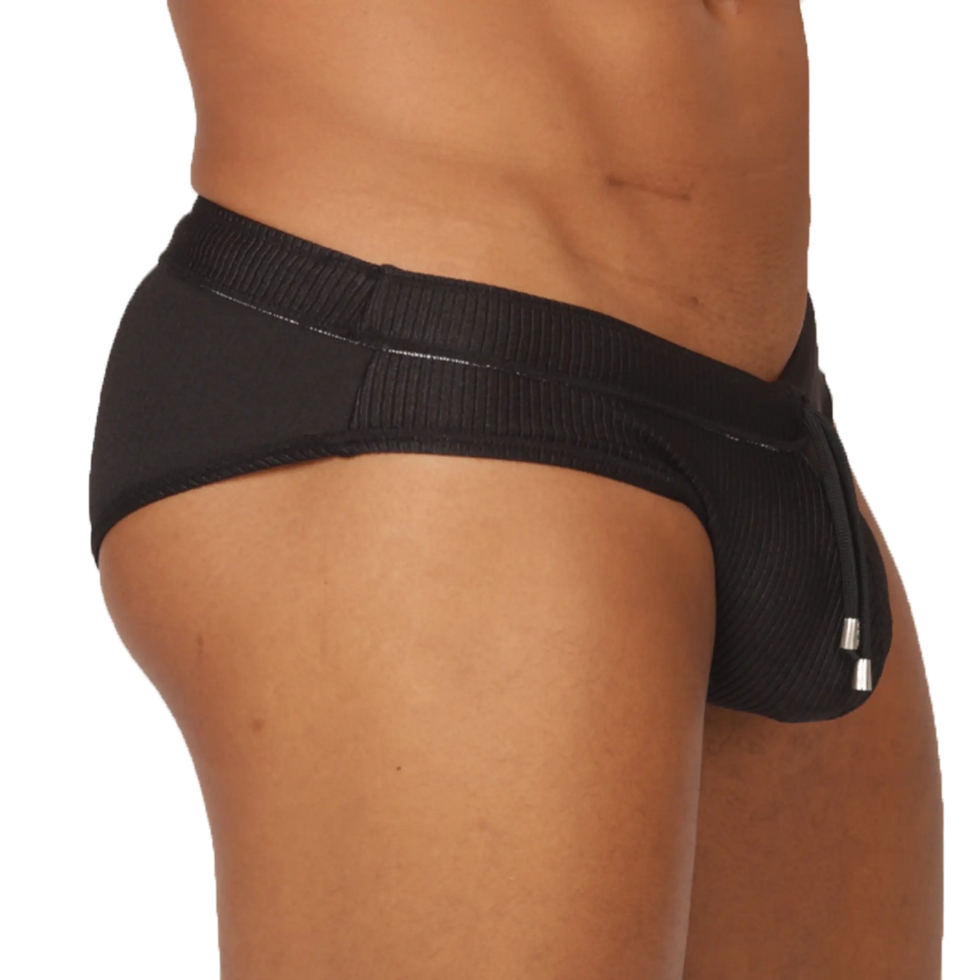 Gigo glow black swimbrief textured briefs with ribbed waistband and silver-toned metal accents on the side