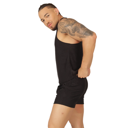 Black ribbed knit tank top and matching shorts set from gigo glow black tank collection for casual wear