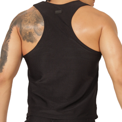 Black ribbed tank top with racerback design by gigo glow showing the back side for casual wear
