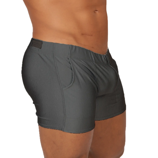 Gigo Glow gray short dark gray ribbed cotton boxer briefs with subtle vertical stripes and black branded waistband tag