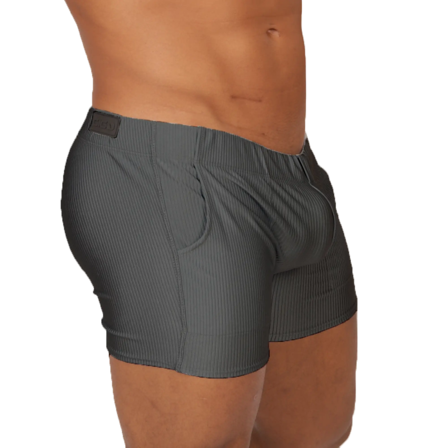 Gigo Glow gray short dark gray ribbed cotton boxer briefs with subtle vertical stripes and black branded waistband tag