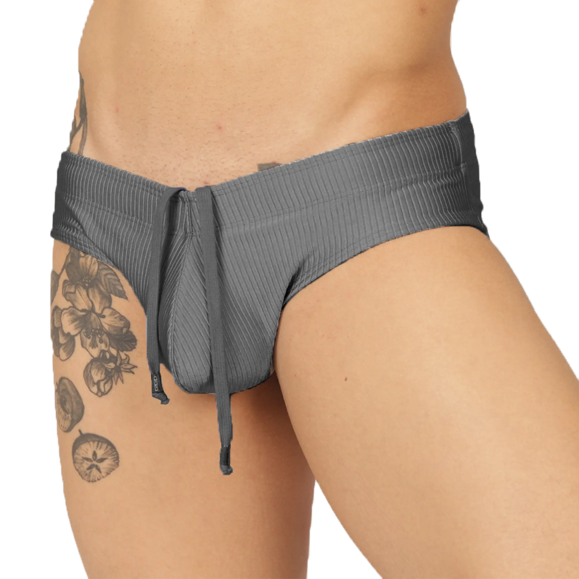 Gray ribbed swimbrief with drawstring waistband designed for comfortable beach and pool use