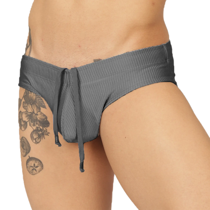 Gray ribbed swimbrief with drawstring waistband designed for comfortable beach and pool use