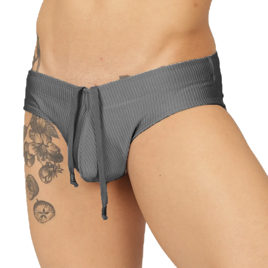 Gray ribbed swimbrief with drawstring waistband designed for comfortable beach and pool use