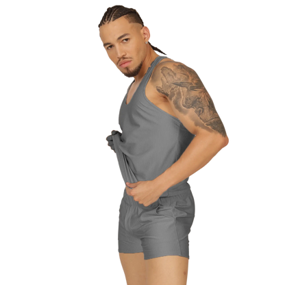 Gray ribbed tank top and matching shorts set from gigo glow gray tank in soft breathable fabric for casual wear