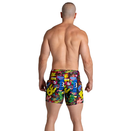 Vibrant graffiti-patterned menâ€™s swim trunks in bold colors with playful street art design from Gigo Graffiti Beachwear
