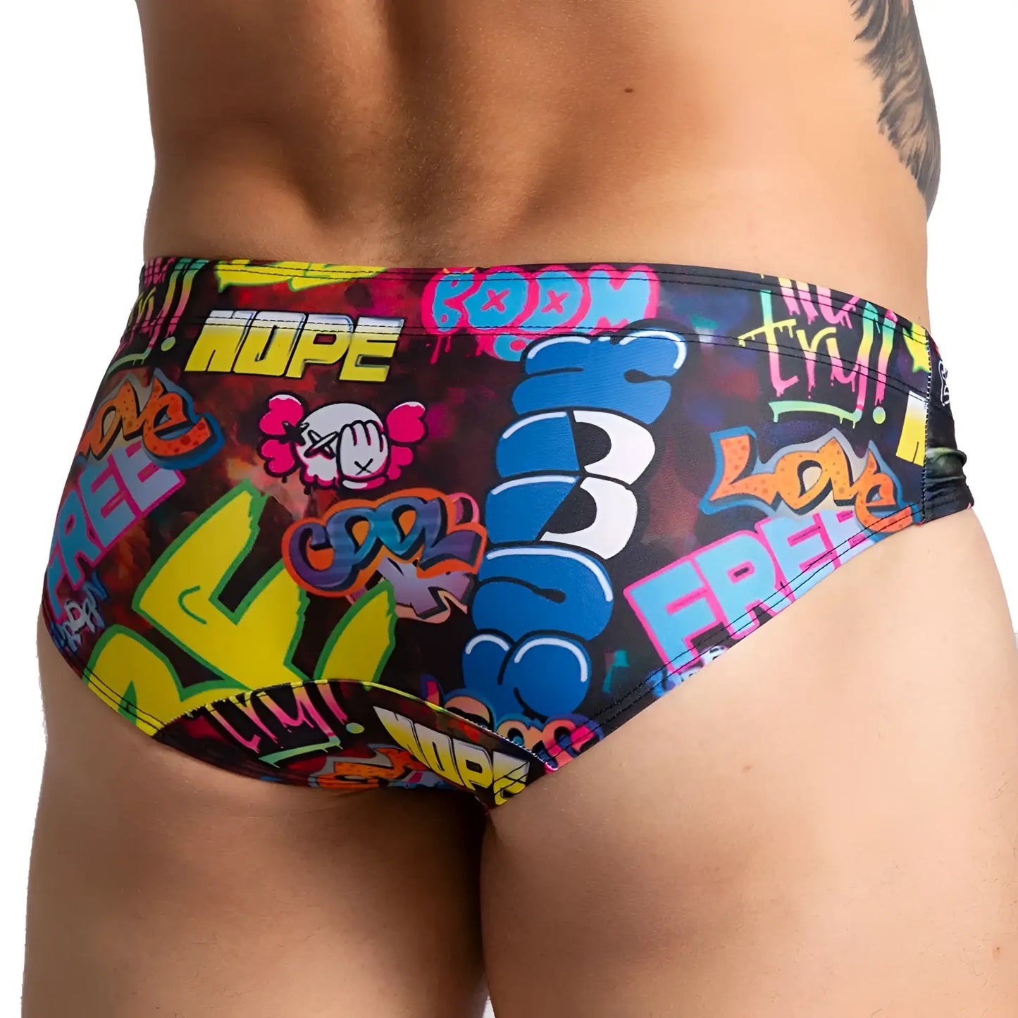 Vibrant gigo graffiti swim brief menâ€™s trunks with bold neon colors and street art graphics for beachwear