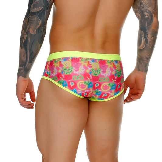 Gigo happy swim trunk brightly colored menâ€™s briefs with vibrant pink green yellow abstract pattern and neon lime trim