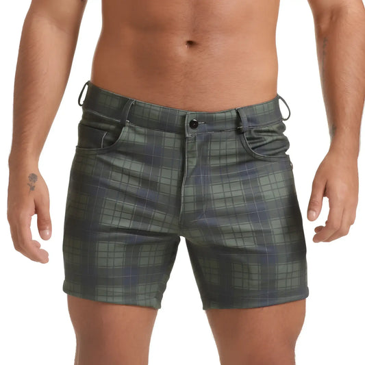 Gigo Harvard green short menâ€™s dark green and navy plaid shorts with button closure for casual wear