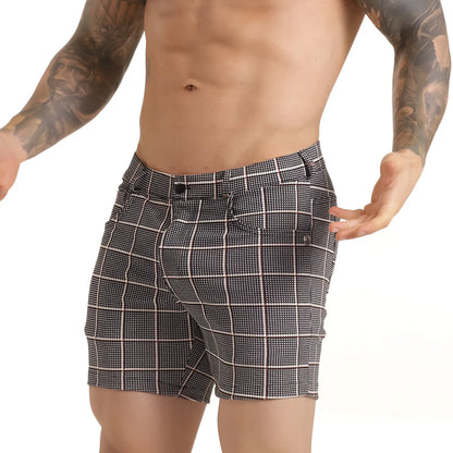 Gigo Harvard Red short black and white checkered tailored shorts with a subtle grid pattern for casual wear
