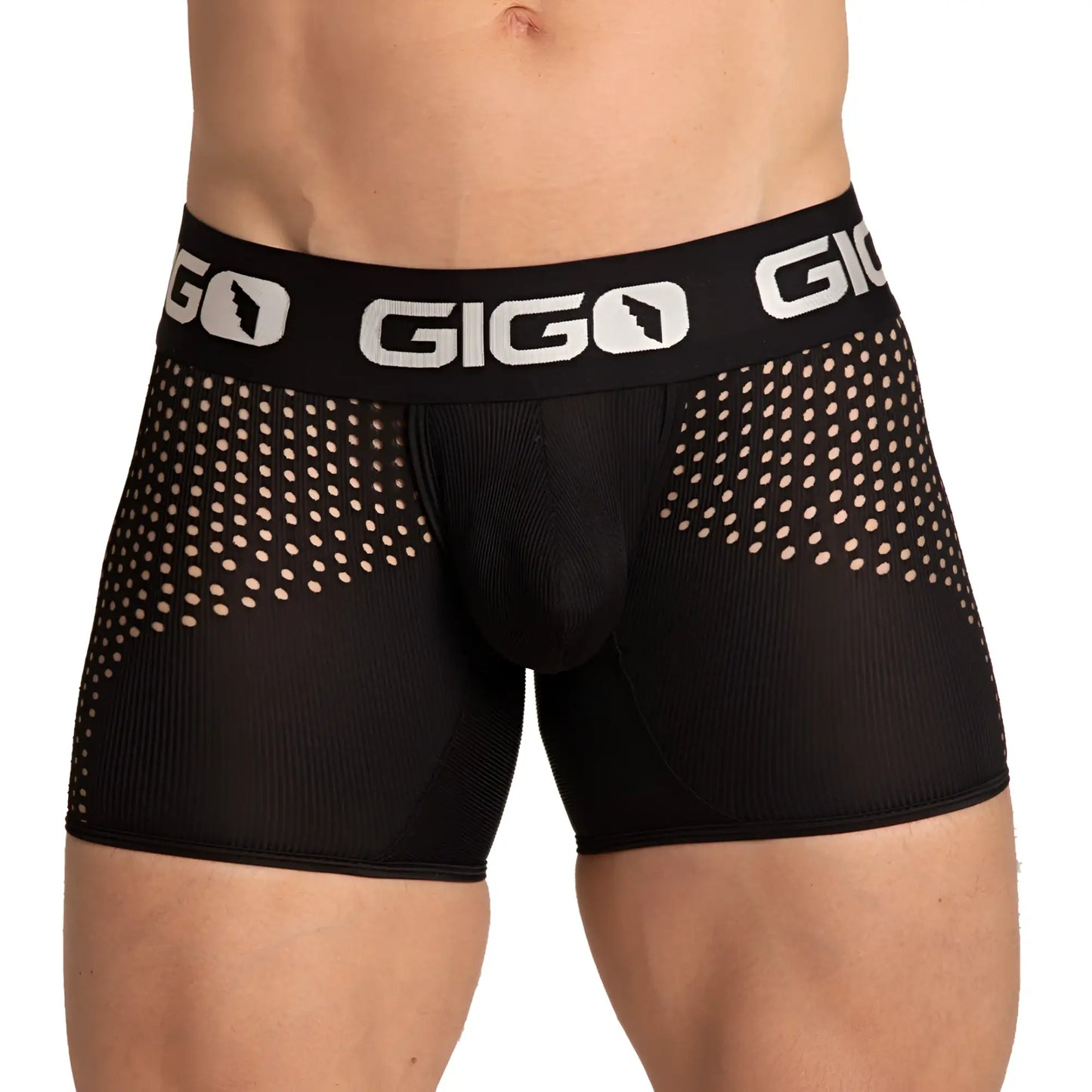 Gigo hybrid black trunk menâ€™s boxer briefs with mesh panel design and white gigo logo on waistband