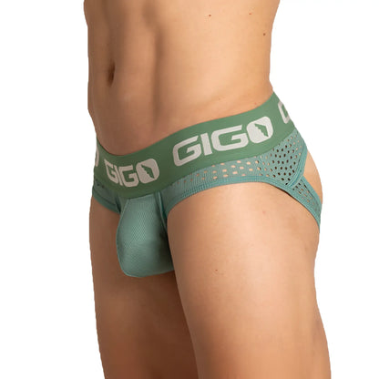 Green gigo hybrid brief jock menâ€™s briefs with breathable mesh design and white logo on waistband