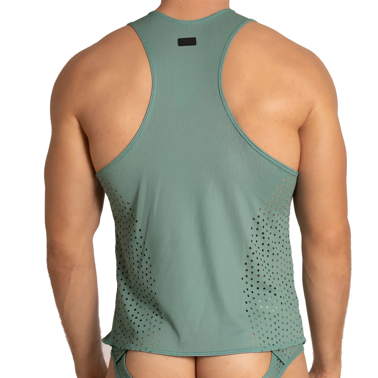 Teal ribbed athletic tank top with perforated side panels designed for workout and activewear by gigo hibrid green tank