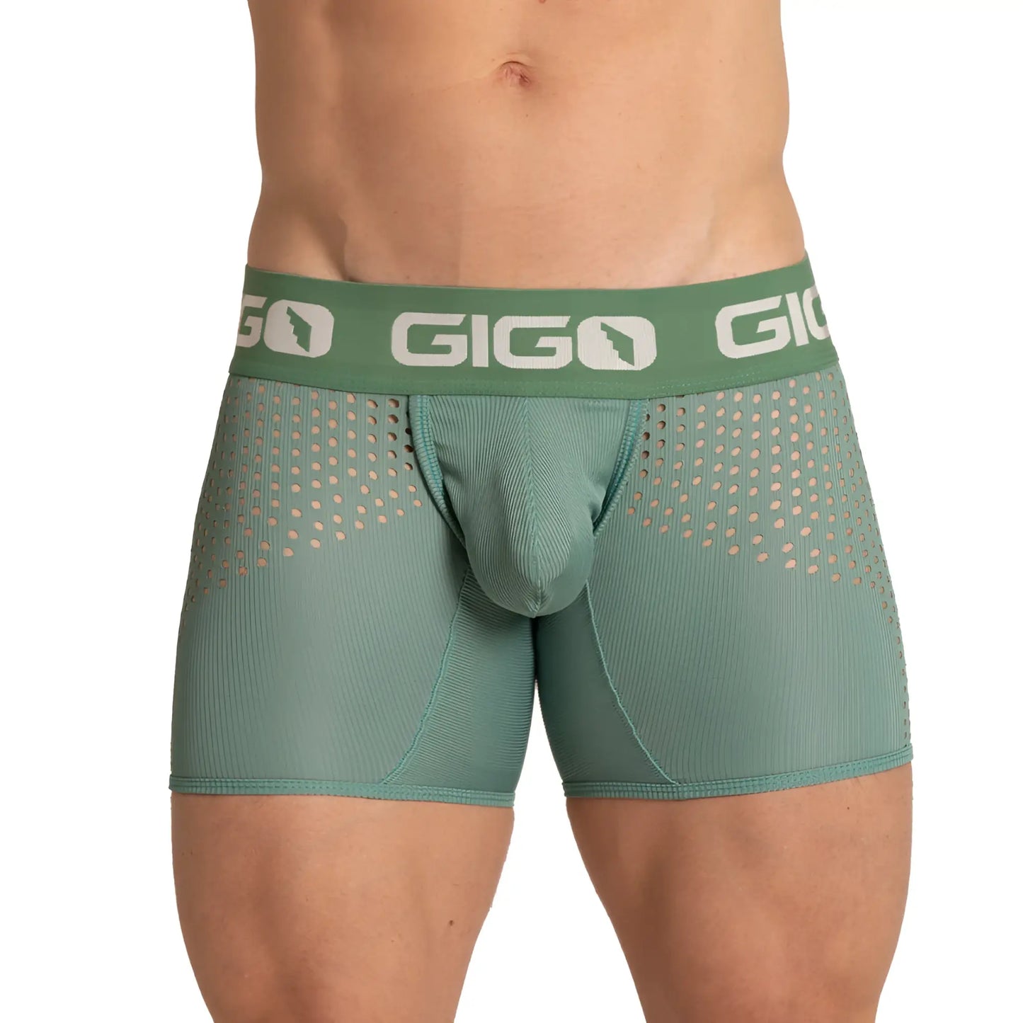 Green gigo brand menâ€™s boxer briefs with perforated mesh design and ribbed fabric in bright green color