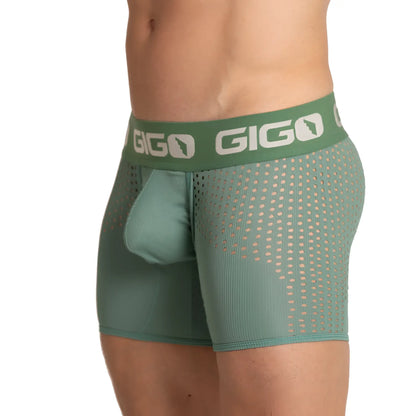 Green gigo brand menâ€™s boxer briefs with mesh pattern and integrated pouch in green hibrid green trunk color