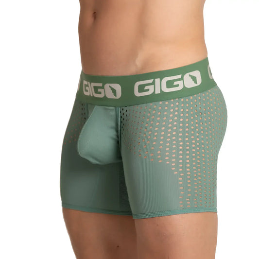 Green gigo brand menâ€™s boxer briefs with mesh pattern and integrated pouch in green hibrid green trunk color