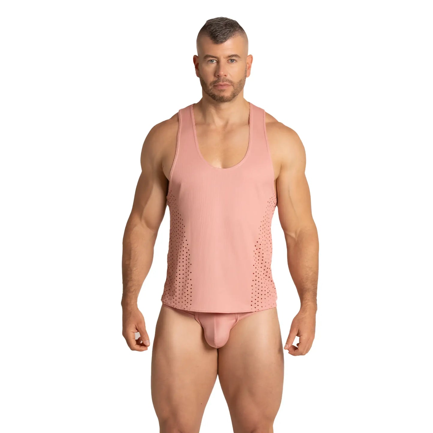 Gigo Hibrid Nude Tank pink breathable mesh tank top with scoop neckline and perforated side panels