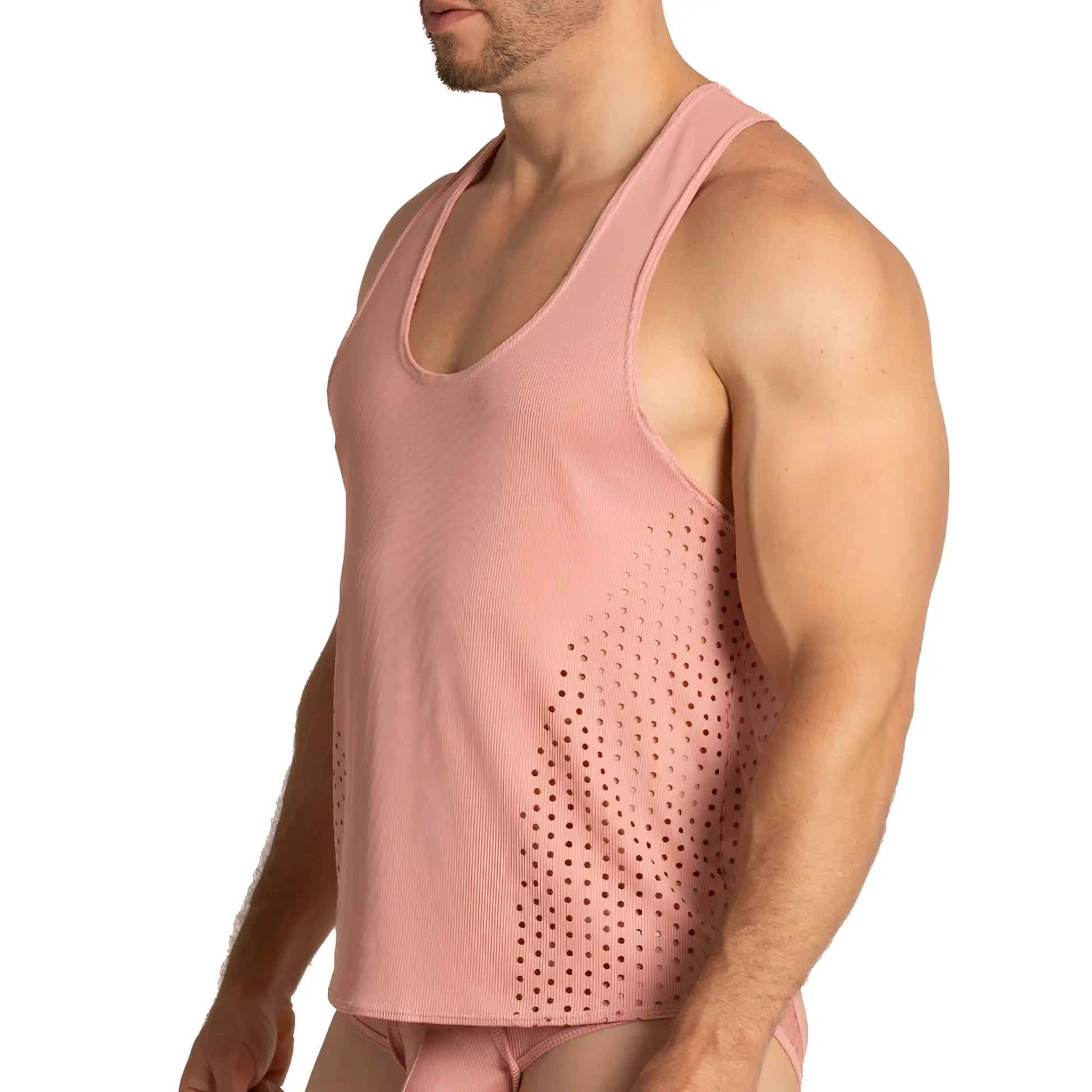 Pink ribbed gigo hibrid nude tank top with a perforated side panel for breathable comfort