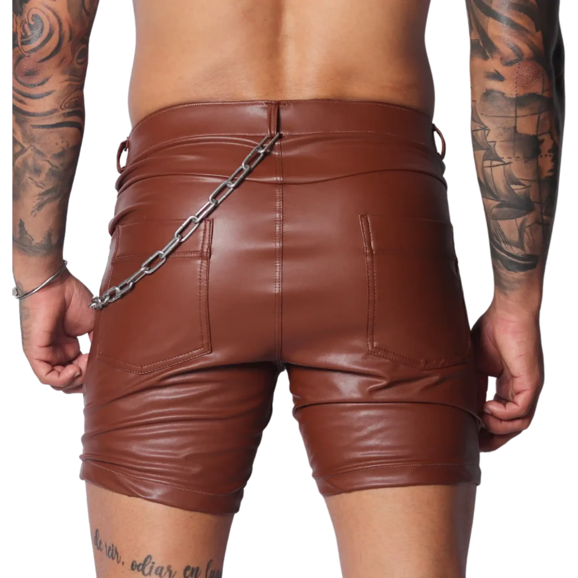 Brown faux leather fitted shorts featuring a back silver chain accent, dual pockets, and a classic five-pocket design.