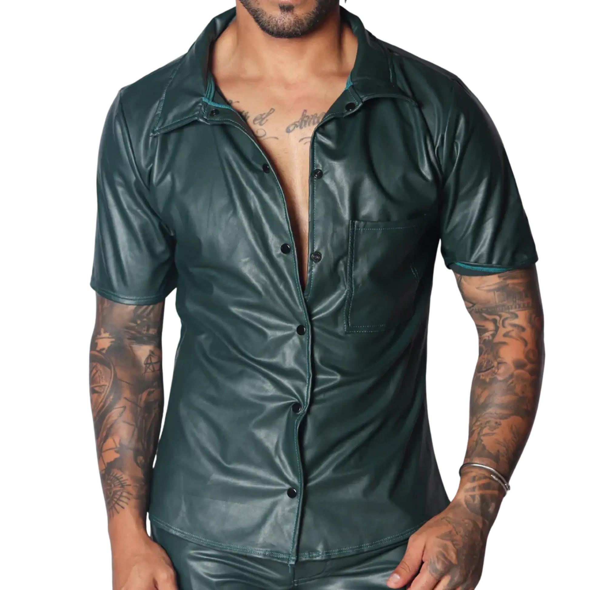 Dark green short-sleeved button-up shirt in faux leather with a classic collar and single chest pocket.
