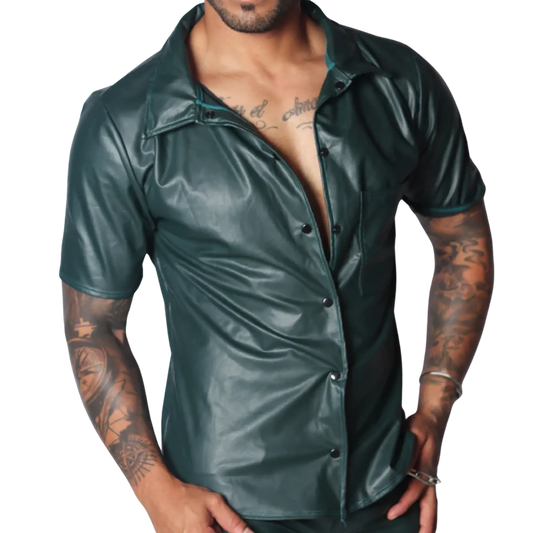 Dark green short-sleeve button-down shirt in a sleek, faux-leather material with a classic collar.