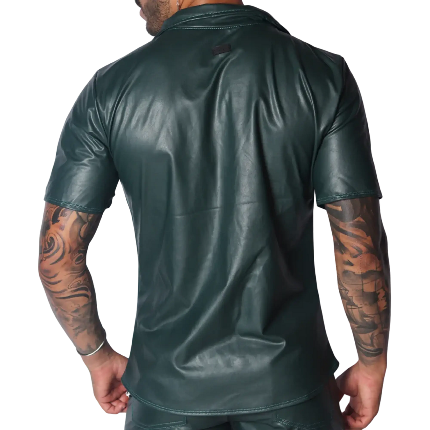 Dark green short-sleeve button-down shirt in smooth faux leather with a classic collar and small back neck logo patch.