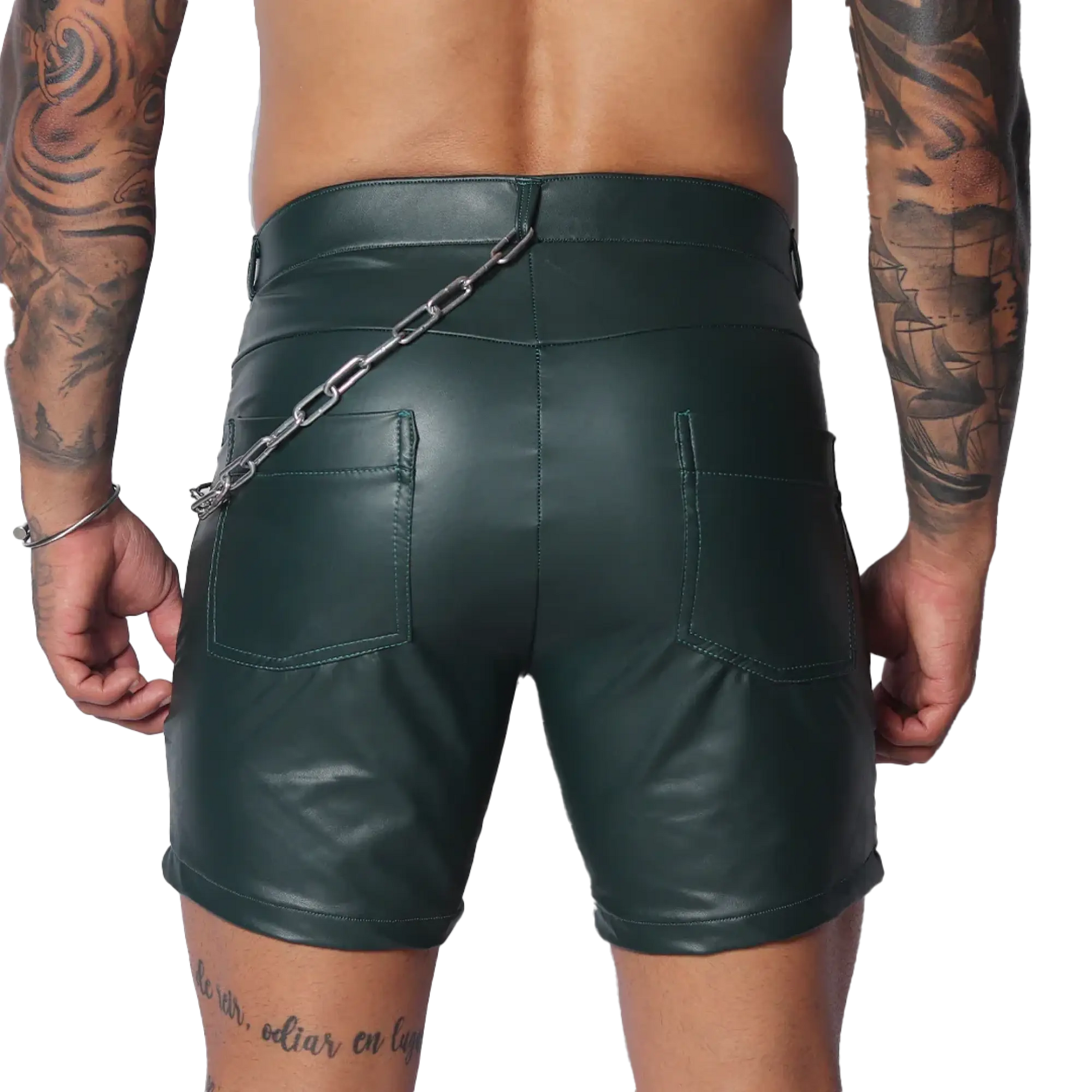 Dark green faux leather shorts with back pockets and a silver chain accessory attached to the waistband.