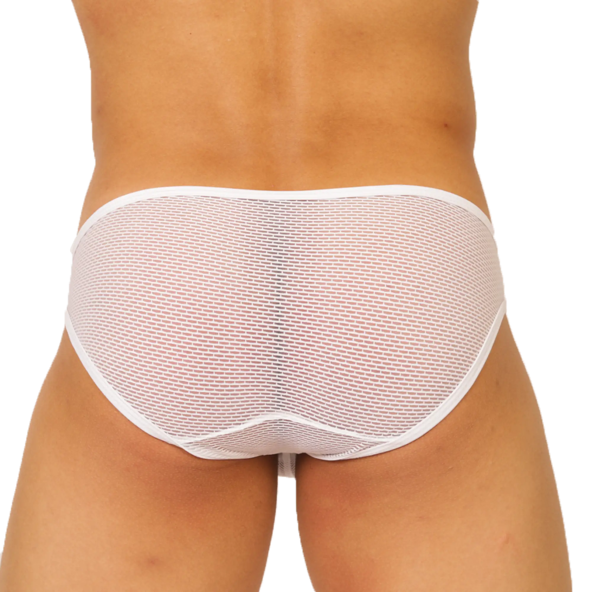 White briefs by Gigo Hit featuring a subtle repeating text pattern across soft white fabric for everyday comfort