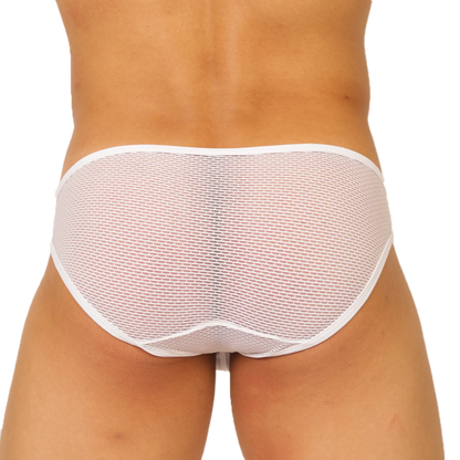 White briefs by Gigo Hit featuring a subtle repeating text pattern across soft white fabric for everyday comfort