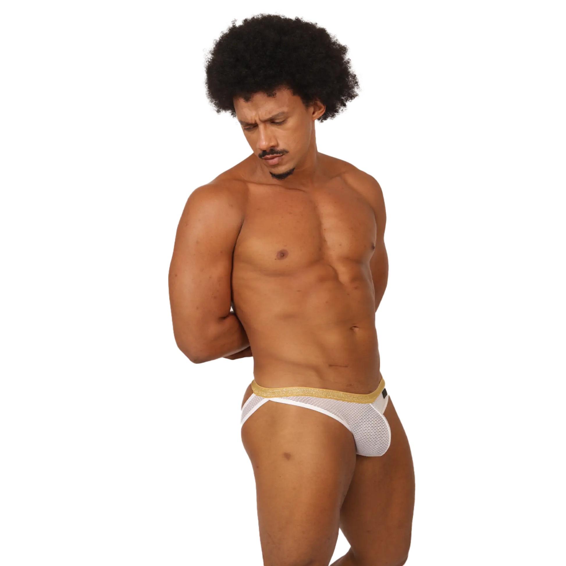 White mesh briefs with a gold waistband from gigo hit white jockstrap featuring breathable fabric and supportive design