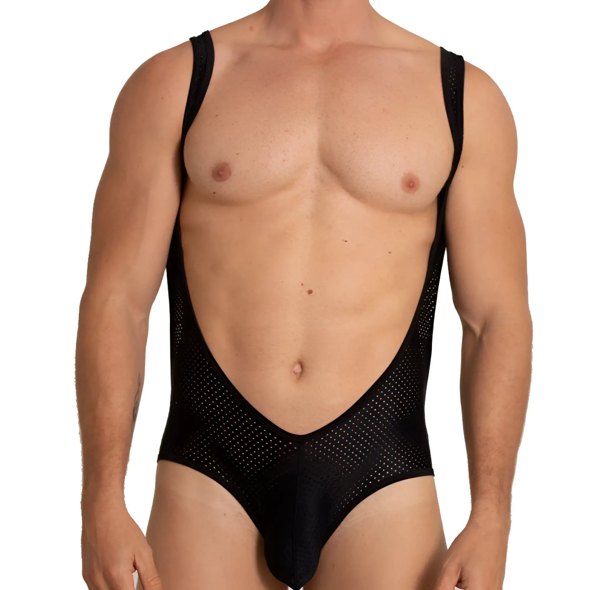 Gigo Hole black mesh bodysuit with deep v-neckline and thin shoulder straps perfect for stylish layering